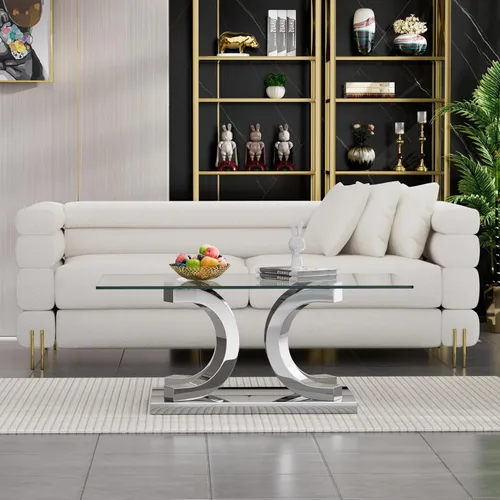 Miniatura 107 de Mesa de centro de cristal de lujo, mesa de centro de sofá de 47 pulgadas con marco de acero inoxidable dorado y parte superior de vidrio negro, mesa