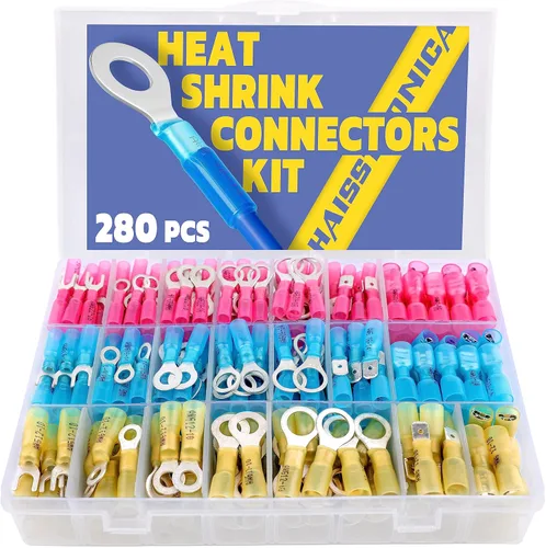 Haisstronica - Juego de 280 conectores de cable termoencogible grado marino, kit de conectores eléctricos de cobre rojo estañado, horquilla, pala,