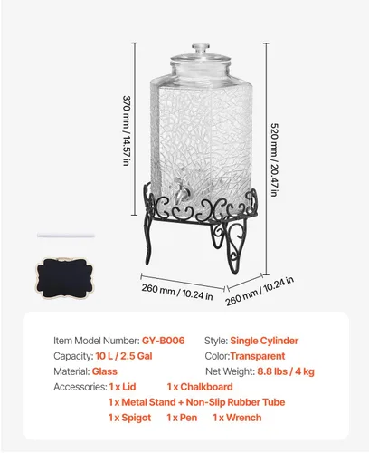 Miniatura 7 de VEVOR Dispensador de bebidas, dispensador de bebidas de 2.5 galones para fiestas, dispensador de jugo de vidrio con soporte de metal, grifo de acero
