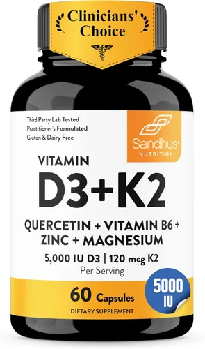 Miniatura 18 de Sandhu's Vitamina D3 K2 Magnesio 10000 IU, 120mcg K2 Cápsulas 60 unidades (paquete de 1) con VIT B6, zinc y quercetina D3K2 apoya la absorción