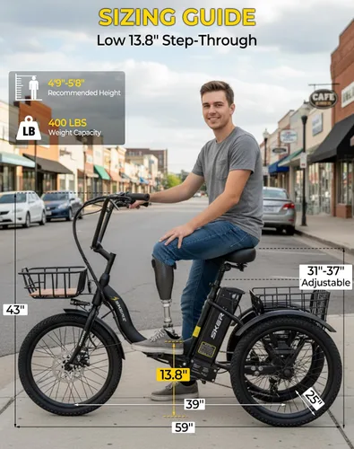 Miniatura 9 de Skeri Triciclo eléctrico, triciclo eléctrico de 1000 W para adultos, bicicleta eléctrica plegable de 3 ruedas de 20 pulgadas, triciclo E con batería