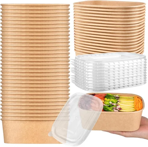50 cuencos desechables de papel kraft con tapas, cuencos de papel de 25 onzas a prueba de fugas, suministros desechables para fiestas para servir