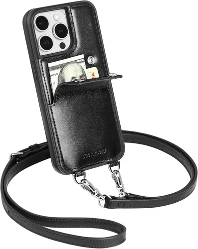 Miniatura 14 de LUCKYCOIN Funda tipo cartera cruzada para iPhone 14 Pro, funda de piel auténtica con protección contra caídas para mujer, con tarjetero expandible