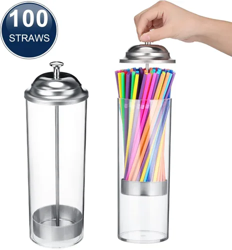 Miniatura 5 de Patelai Dispensador de popotes y 100 popotes de plástico para beber, organizador con tapa, dispensador de pajitas transparentes para mostrador