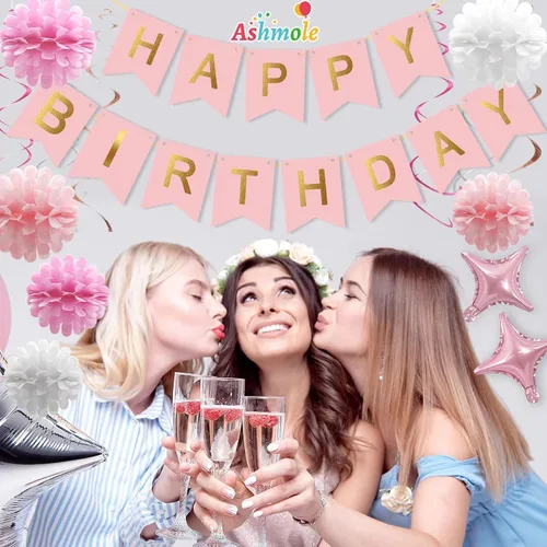 Miniatura 6 de Decoraciones de cumpleaños de oro rosa para mujeres y niñas, decoraciones de fiesta rosa, pancarta de feliz cumpleaños, 6 flores de tejido