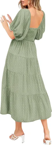Miniatura 2 de PRETTYGARDEN Vestidos de primavera 2024 para mujer, manga abombada, cuello en V, punto suizo, cintura alta, vestido de gasa con escalones, vestidos