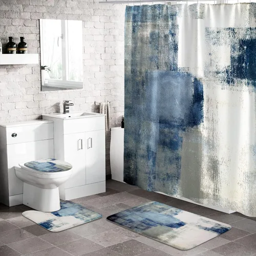 Miniatura 9 de MitoVilla Juego de 4 piezas de baño azul marino con cortina de ducha y alfombras, juegos de cortinas de ducha azul oscuro con alfombras