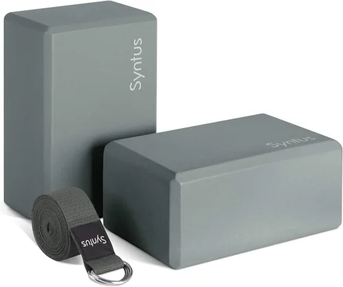 Syntus Yoga Block and Yoga Strap Set, 2 Soft Non-Slip Yoga Blocks 9×6×4 inches, 8FT Metal D-Ring Strap for Yoga, General Fitness, Pilates, Gris