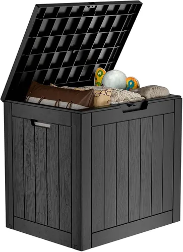 Miniatura 23 de Caja de cubierta para exteriores de 120 galones, cajas de almacenamiento impermeables con cerradura para herramientas de jardín, cojines de Gris