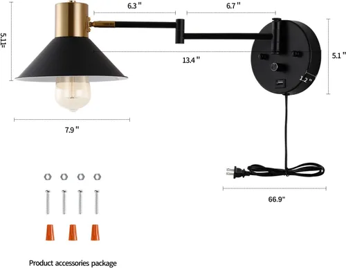 Miniatura 2 de Lámpara de Pared con Brazo Oscilante Enchufable, Apliques de Pared Ajustables, Luz de Lectura Industrial Vintage, Luz de Montaje en Pared junto a