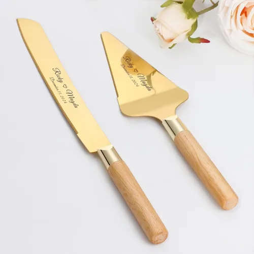 Miniatura 11 de Juego de corte de pasteles personalizado para bodas, cuchillos de pastel y servidor, grabado gratis, cortador de pastel de postre de madera Plateado