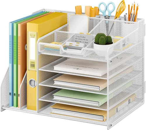 Miniatura 16 de Lavatino Organizador de escritorio, bandeja de papel de malla metálica de 5 niveles con 1 soporte para archivos y 7 divisores flexibles para Negro
