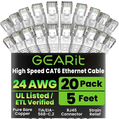 GearIT Cable Ethernet Cat 6 de 5 pies (paquete de 20) - Cable de conexión Cat6, cable de conexión Cat 6, cable Cat6, cable Cat 6, cable Ethernet
