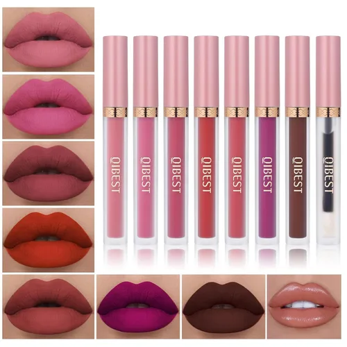 QiBest 7 piezas de lápiz labial líquido mate y 1 pieza de set de maquillaje para labios voluminizadores, set de maquillaje de labios pigmentado