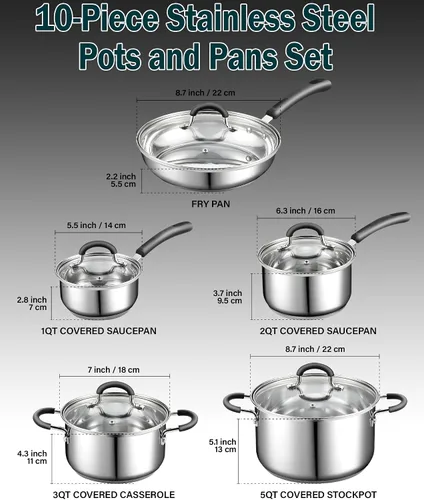 Miniatura 2 de Cook N Home Juego de utensilios de cocina de acero inoxidable de 10 piezas, ollas y sartenes, juego de cocina con asas que se mantienen frías, apto