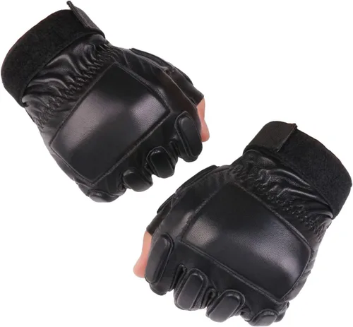 Miniatura 2 de Long Keeper Guantes de cuero genuino sin dedos para hombre, medio dedo, conducción, ciclismo, motocicleta, deportes al aire libre, Negro