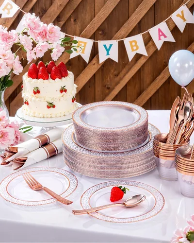 Miniatura 4 de Ciaell 350 platos de plástico color oro rosa, platos desechables de oro rosa transparente con cubiertos de plástico que incluyen 100 platos, 150