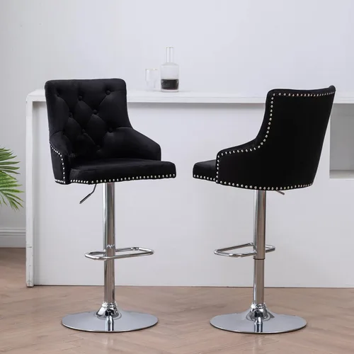 Miniatura 2 de BTEXPERT - Taburete de comedor tapizado de 25 a 33 pulgadas con respaldo alto, taburete de barra con cabeza de clavo copetudo negro (1)