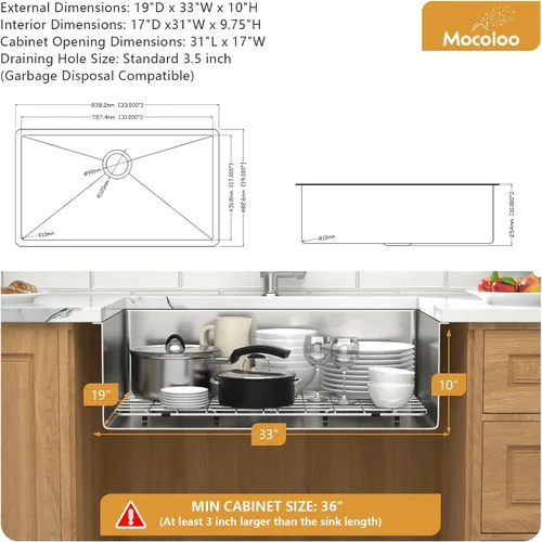 Miniatura 3 de Mocoloo Fregadero de Cocina Empotrado 33 – Fregadero de Cocina Empotrado de 33 x 19 Pulgadas de Acero Inoxidable Calibre 16 de Un Solo Tazón Bajo