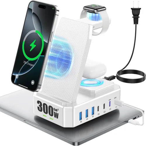 Miniatura 8 de Estación de carga de 300W para múltiples dispositivos Apple, cargador inalámbrico 10 en 1 para iPhone, soporte de carga rápida PD 65W USB C GaN III