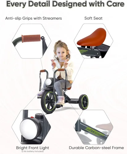 Miniatura 3 de RIDYEE Triciclo para niños de 2 a 5 años, triciclo para 3 años con luz delantera, rueda delantera de goma, manillar suave con serpentinas, asiento