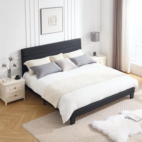 Miniatura 13 de Armazón de Cama de Plataforma Tamaño Full, Armazón de Cama con Cabecera de Tela Suave con Listones de Madera Resistentes – Moderno y Sin Ruido, Base