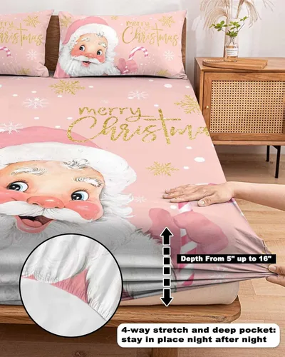 Miniatura 6 de Juego de sábanas bajeras de tamaño Queen de 5 a 16 pulgadas de profundidad, lindo Papá Noel, suave sábana bajera de copo de nieve y lunares sobre