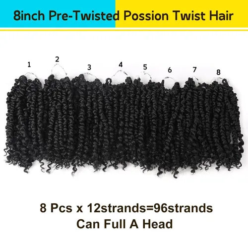 Miniatura 3 de Cabello Passion Twist – 8 pulgadas Passion Twist Crochet Hair para mujer, 8 paquetes de cabello rizado pretrenzado Passion Twists extensiones de 1b