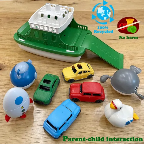 Miniatura 5 de Barco Ferry con 4 Coches y 4 Juguetes de Baño de Cuerda, Juguete de Baño para Niños Vehículo Flotante Ballenas Submarinos Cisnes Cohetes, Conjunto