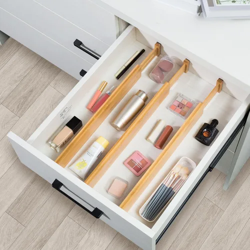 Miniatura 6 de VaeFae Paquete de 6 separadores de cajones de bambú ajustables, organizador de cajones expandible para utensilios de cocina, ropa, baño, oficina, se