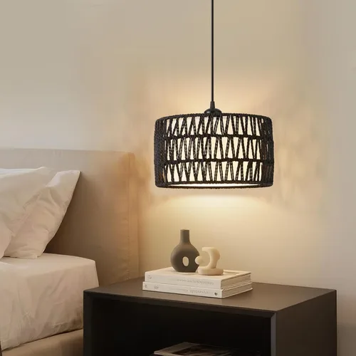 Miniatura 2 de Lámpara colgante enchufable, luces colgantes de ratán con cable enchufable, pantalla tejida y de tela 2 en 1, lámpara colgante enchufable para Negro