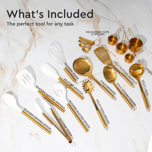 Miniatura 2 de Juego de utensilios de cocina dorados - Juego de 19 piezas incluye utensilios de acero inoxidable dorados, herramientas de silicona blancas, y tazas