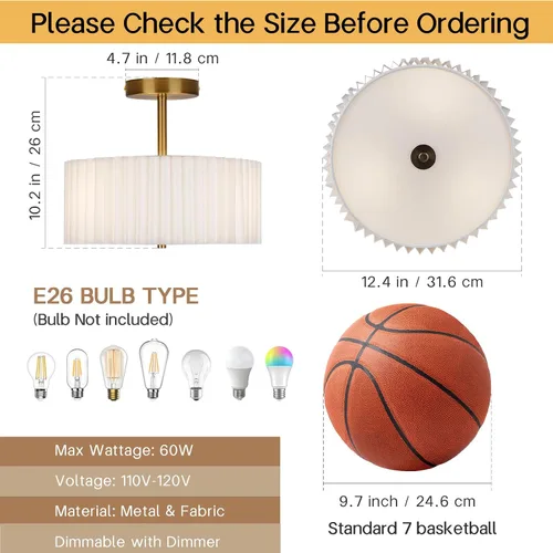 Miniatura 2 de Lámpara de techo moderna semiempotrada con pantalla de tela plisada, lámpara dorada de tambor de 12.5 pulgadas con luces, lámpara de lino blanco