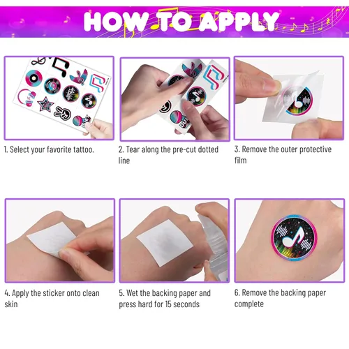 Miniatura 5 de (96 piezas) Notas musicales motivacionales musicales precortadas tatuajes temporales para niños, suministros de fiesta temática de cumpleaños, Normal
