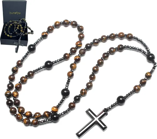 Miniatura 8 de Rosary for Men, Cross Necklace for Men, Tiger Eye Black Obsidian Rosary Beads for Women, Rosarios Catolicos