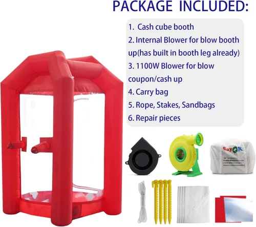 Miniatura 2 de SAYOK Cabina inflable de dinero con soplador de aire para eventos, promoción (rojo, 4.92 x 4.92 x 8.2 pies)