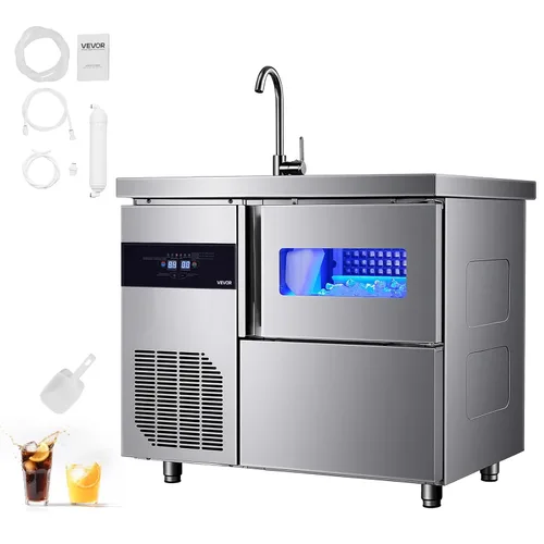 Miniatura 10 de VEVOR Máquina comercial para hacer hielo, máquina de hielo de acero inoxidable de 220 libras/24 horas con encimera, almacenamiento de 66 libras