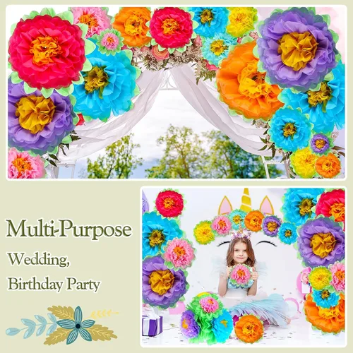 Miniatura 6 de Tigeen Juego de 51 flores de papel mexicanas gigantes de tejido 3D, Mardi Gras, carnavales, crepé colorido, fiesta, flores de papel para pared