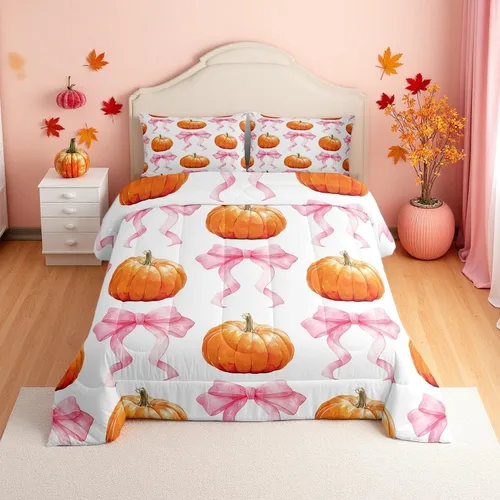 Miniatura 20 de Erosebridal Juego de edredón individual de pavo de Acción de Gracias, juego de ropa de cama de calabaza con hojas de otoño para niños y adultos