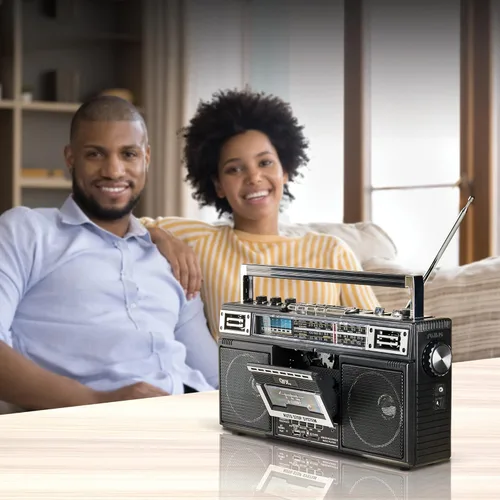Miniatura 5 de QFX J-220BT Boombox MP3 Conversión de radio a casete con radio de 4 bandas (AM, FM, SW1, SW2) con Bluetooth, batería recargable, altavoces duales