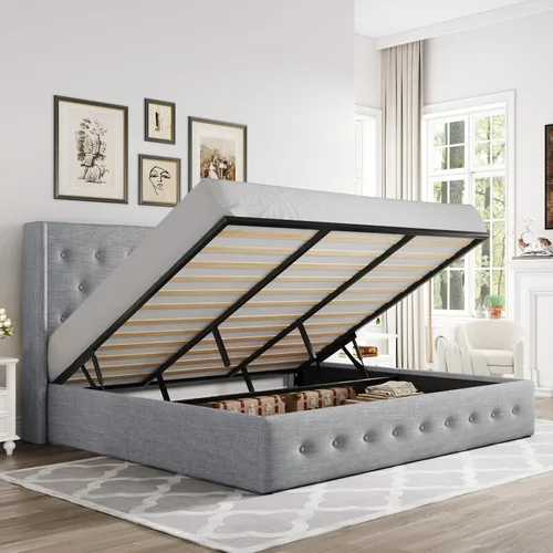 Miniatura 33 de Allewie Cama de Almacenamiento Elevable Tamaño Completo, Cabecero Capitonado con Botones con Respaldo de Ala, Soporte Hidráulico, No Necesita Gris