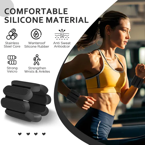 Miniatura 6 de Juego de 2 pesas ajustables para muñeca y tobillo (1 libra cada una), pulseras de peso de silicona de alta calidad, para yoga, pilates, Negro
