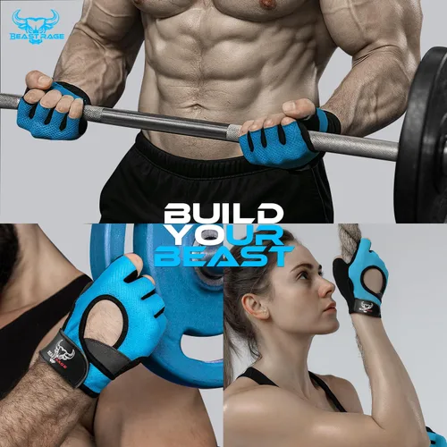 Miniatura 8 de BEAST RAGE Guantes sin dedos para levantamiento de pesas con acolchado de protección en la palma, guantes de gimnasio transpirables y ligeros