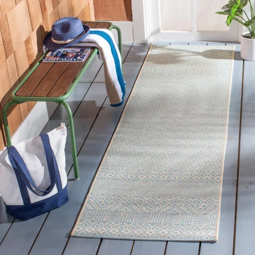 SAFAVIEH Alfombra lavable para exteriores, colección Courtyard de 2.3 x 6.7 pies, beige y azul aguamarina, no desprende pelusa y es fácil de
