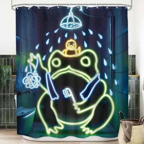 Miniatura 34 de Juego Divertido de Cortina de Rana Retro para Ducha, Juego de Baño 48x71 Pulgadas, Estilo Asiático Lindo, Arte Japonés Tradicional de Pato de Goma