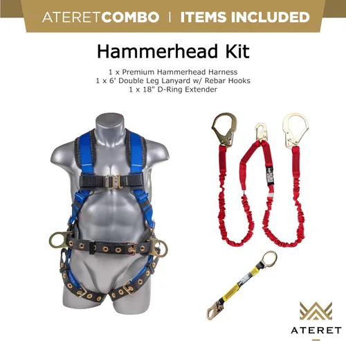 Miniatura 7 de Palmer Safety Kit de protección contra caídas, arnés de seguridad de 5 puntos, cordón de doble pierna de 6 pies, extensor de anillo en D de 18 Azul
