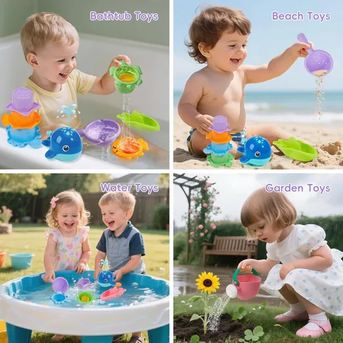 Miniatura 7 de Juguetes de baño sin moldes, 11 piezas Botes flotantes seguros, fáciles de limpiar y divertidos & cuchara & regadera y juguete de ballena