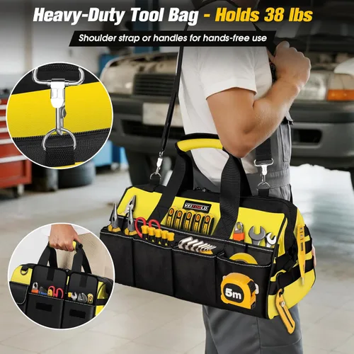 Miniatura 7 de Bolsa de herramientas resistente de 16 pulgadas, organizador de caja de herramientas de 19 bolsillos, bolsa de herramientas portátil con asa suave