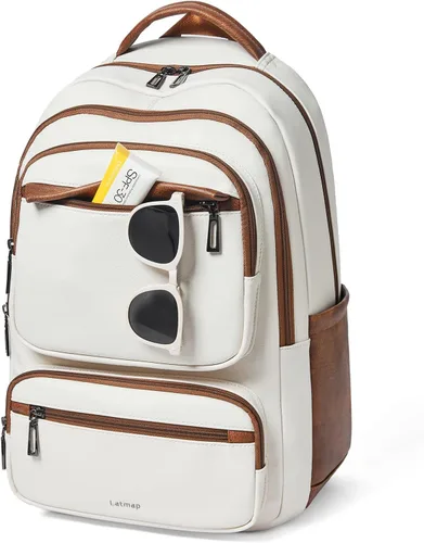 LATMAP Mochila 43L para mujeres y hombres, mochila de cuero vegano, bolsa de hombro para libros de 17, 16, 15.6 pulgadas, bolsa para computadora