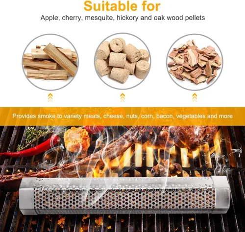 Miniatura 3 de Tubo ahumador de pellets, 1 paquete de 12 pulgadas Tubo ahumador con cepillo, acero inoxidable premium, 5 horas de humo intenso Tubo ahumador
